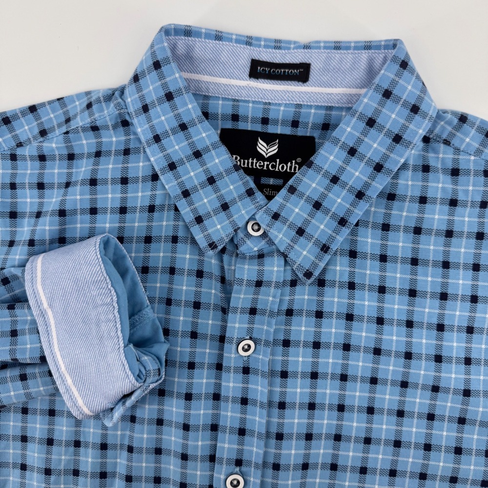 Buttercloth Button Down Mens XL Blue Check Icy Cotton Slim Fit Long Sleeve Shirt